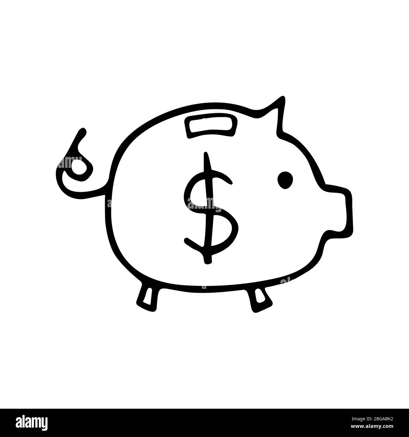 Piggy bank in the shape of a pig with a dollar. Black and white illustration in doodle style vector. Business and finance concept. Accumulation of mon Stock Vector