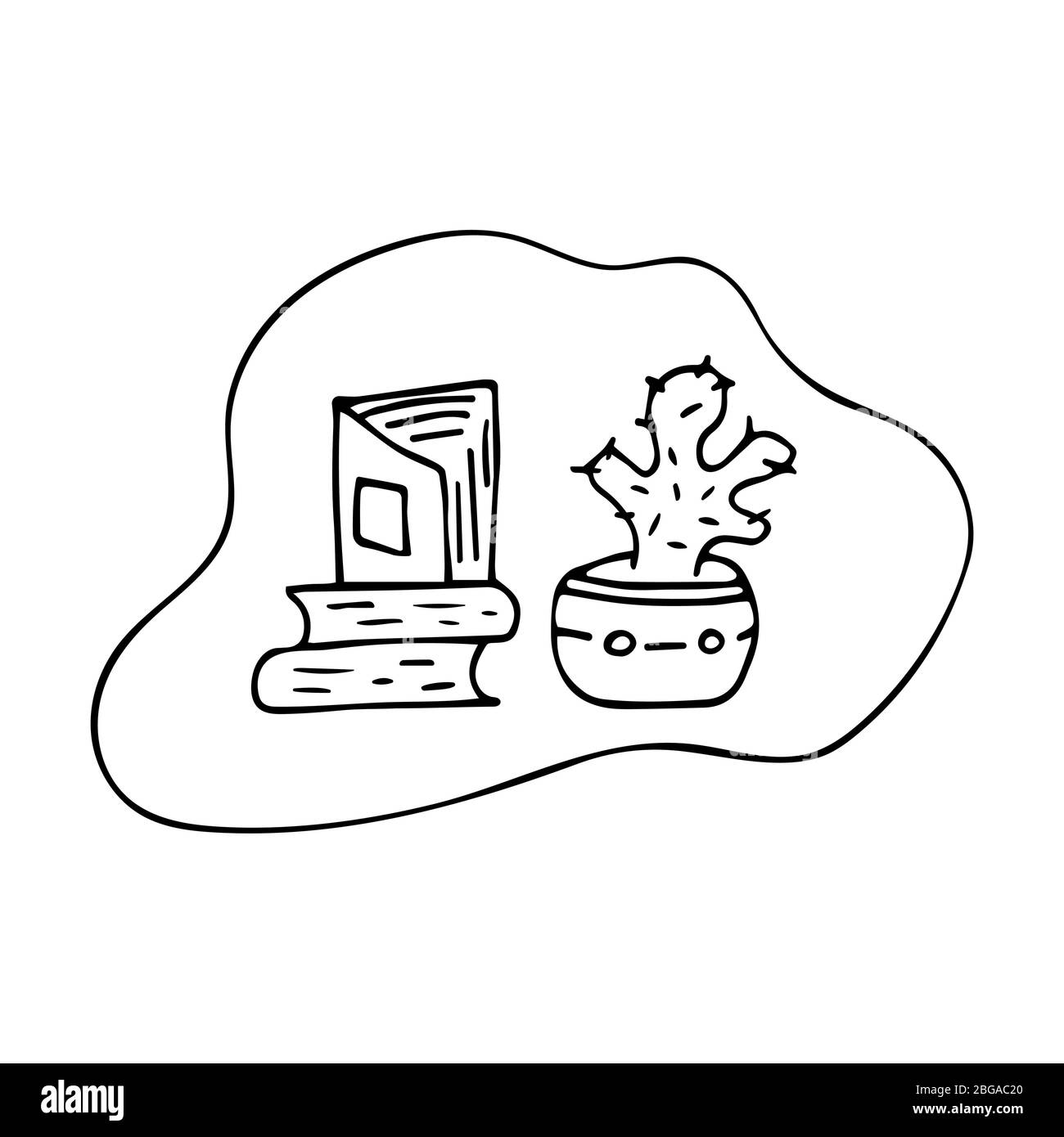 Three books. A cactus in a pot is standing nearby. Stack. World Book