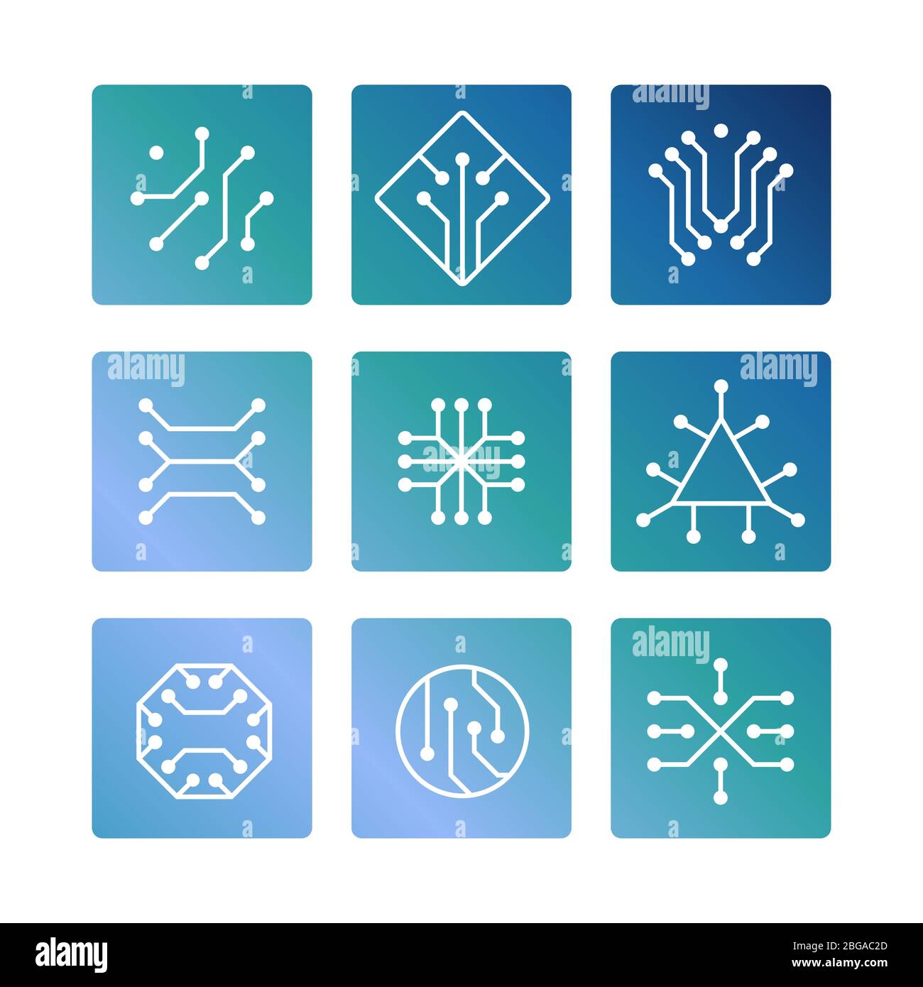 Electronic computer chip circuit and motherboard equipment icons set. Vector illustration Stock Vector