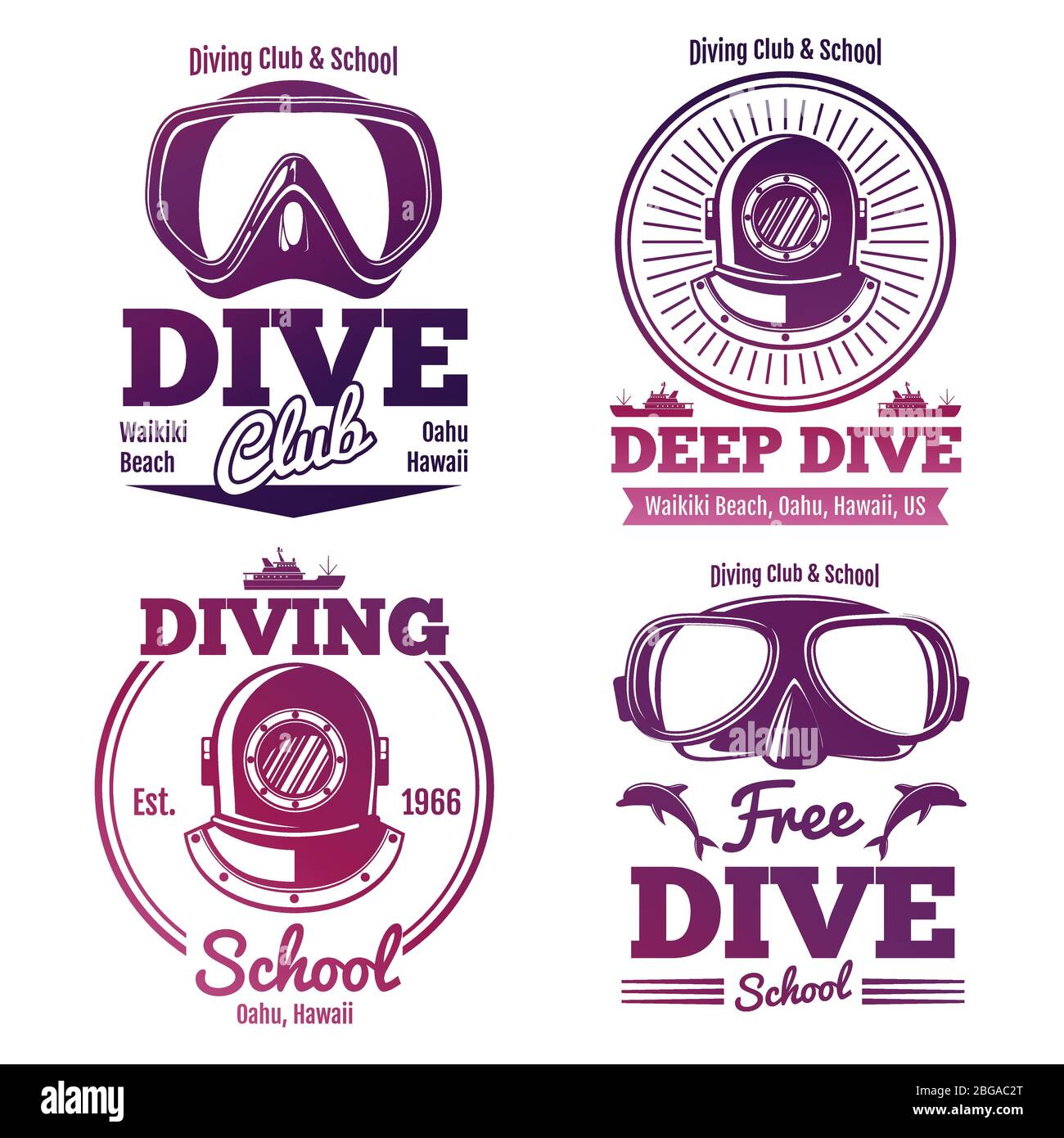 Bright diving school or dive club emblem set design. Vector illustration Stock Vector