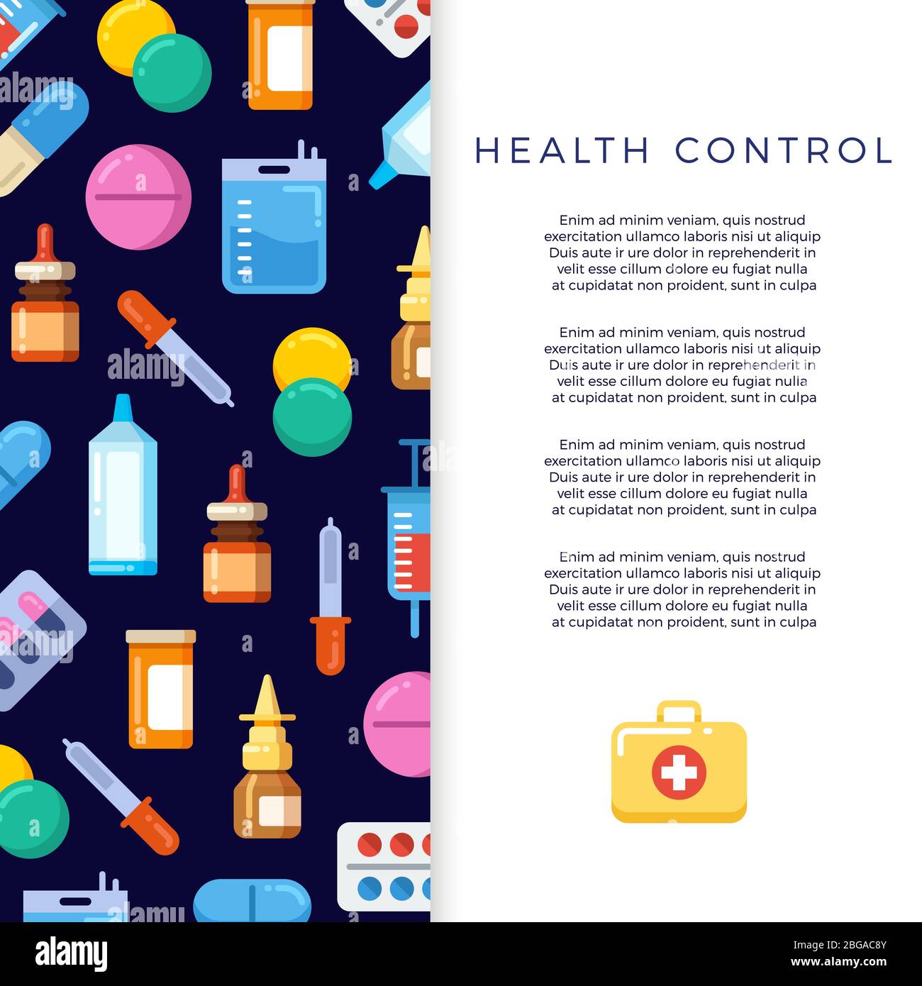 Medicine banner design with bright flat icons drugs. Vector illustration Stock Vector