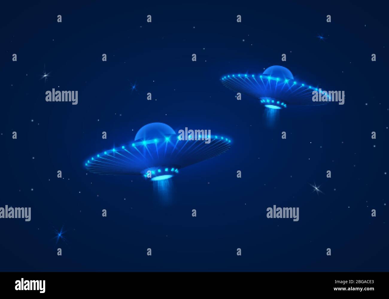 Couple of UFO in dark blue night sky. Vector illustration Stock Vector