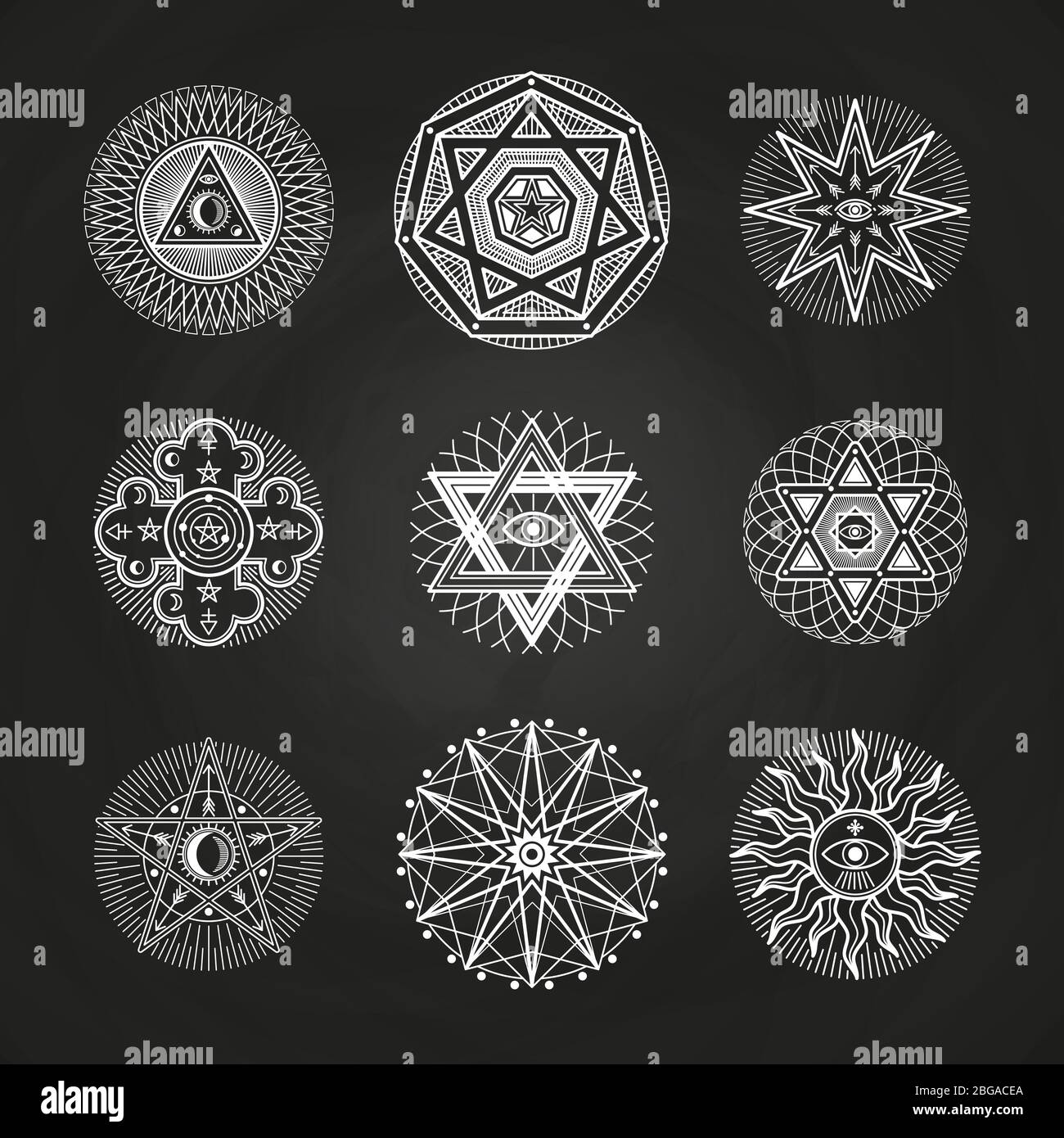 White mystery, occult, alchemy, mystical esoteric symbols on blackboard. Illustration of spirituality illuminati signs for spiritual religion esoteric vector Stock Vector