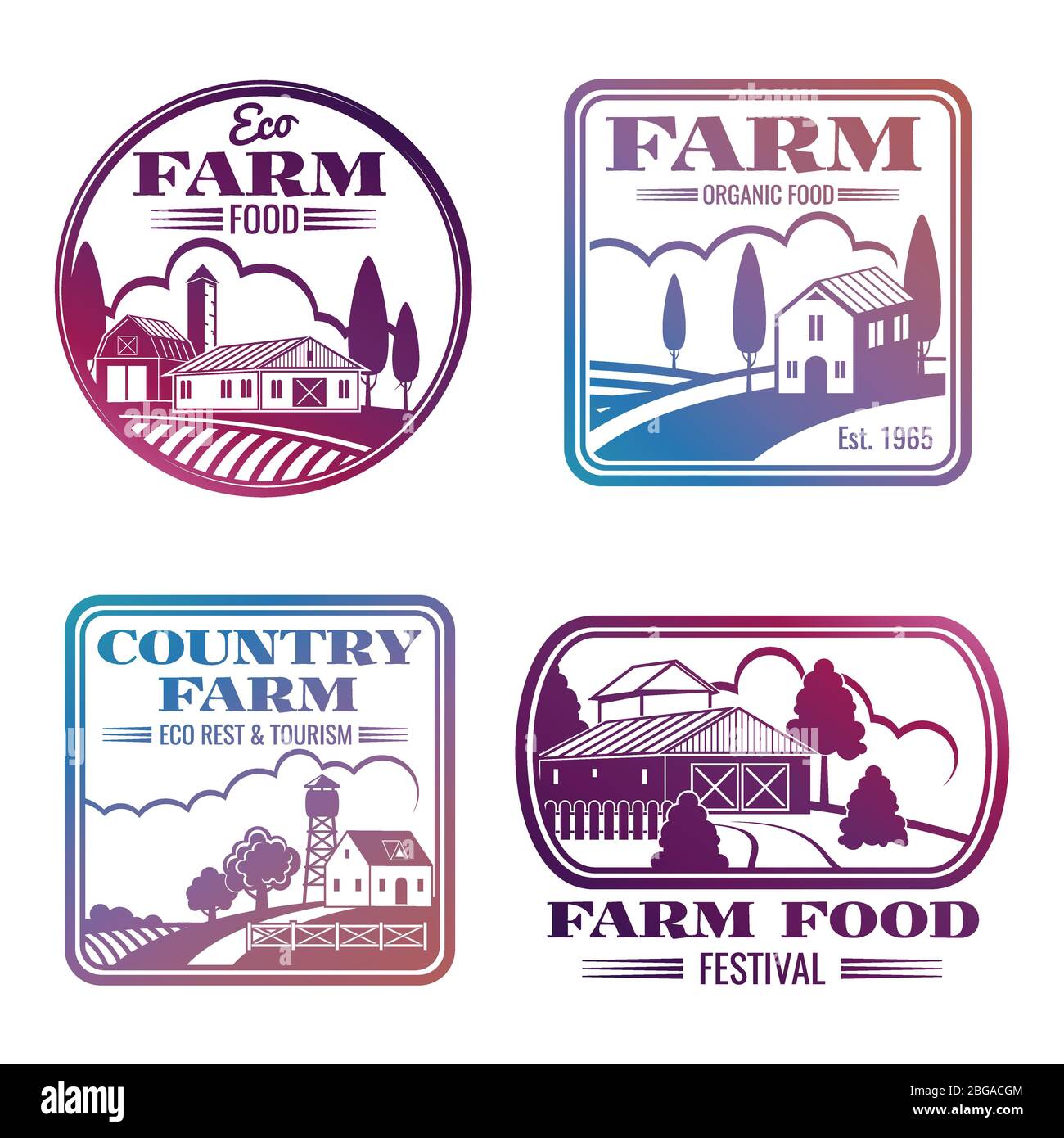 Vintage colorful farm marketing logos and labels set. Vector illustration Stock Vector