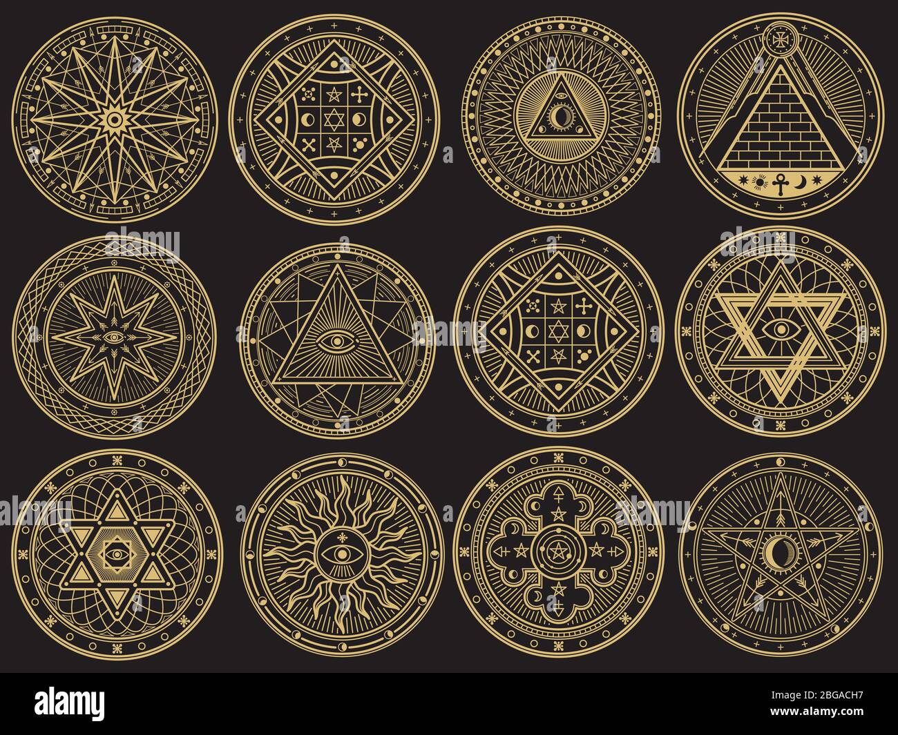 Golden mystery, witchcraft, occult, alchemy, mystical esoteric symbols. Witchcraft mystery emblem collection, magic religion tattoo. Vector illustration Stock Vector