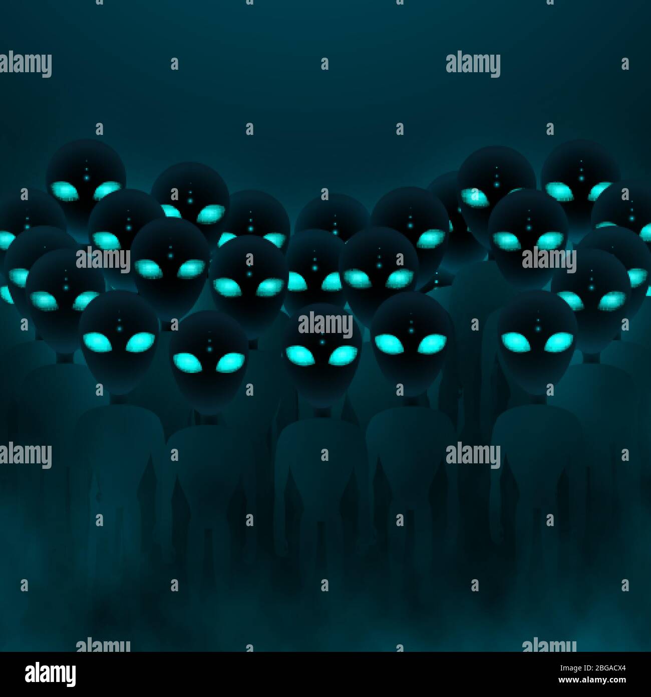 Alien invasion. Group of deamons or aliens with big green eyes. Scary mystery futuristic background. Vector illustration Stock Vector