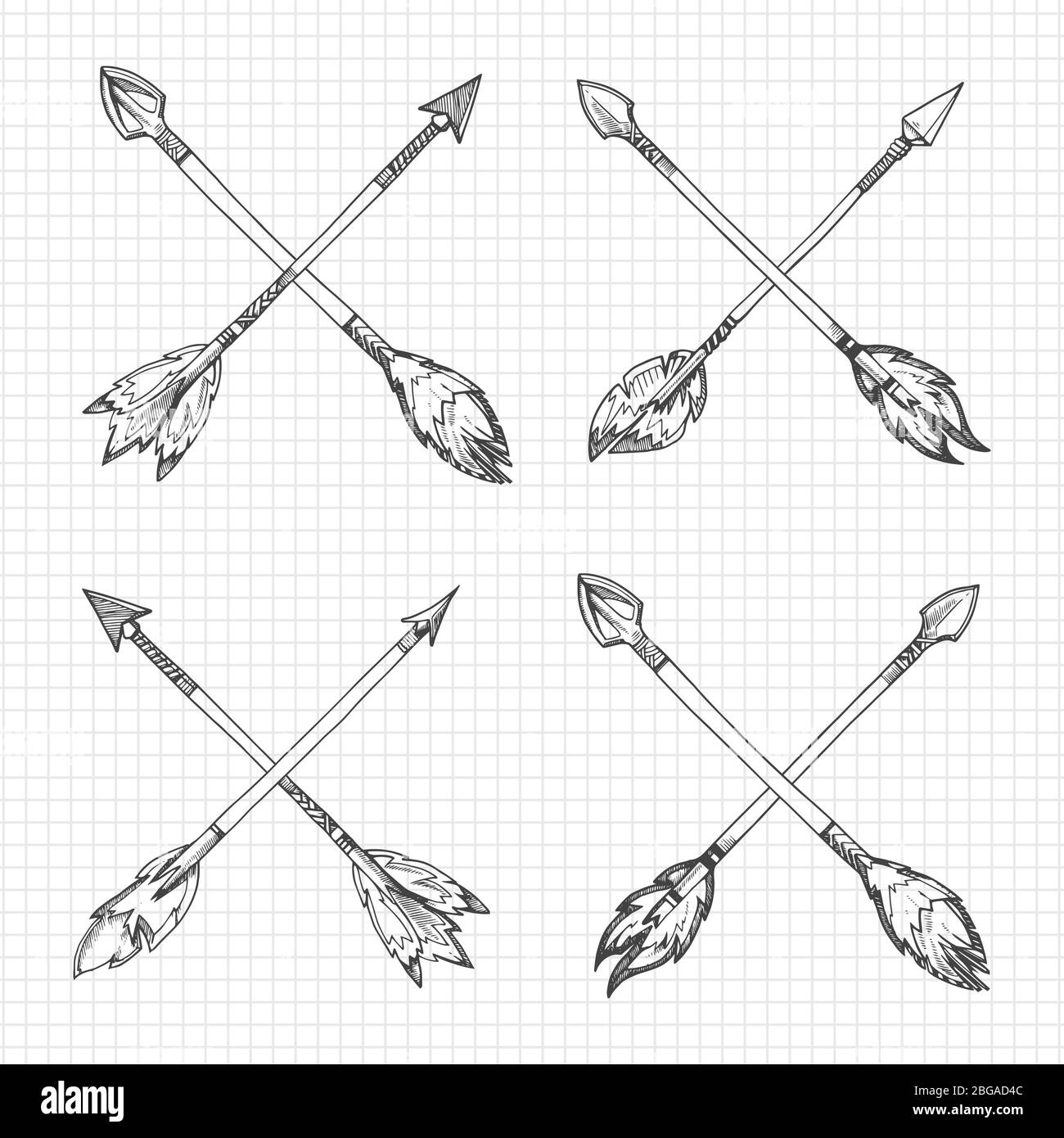 Hand drawn arrows cross on notebook page. Vector illustration flat Stock Vector