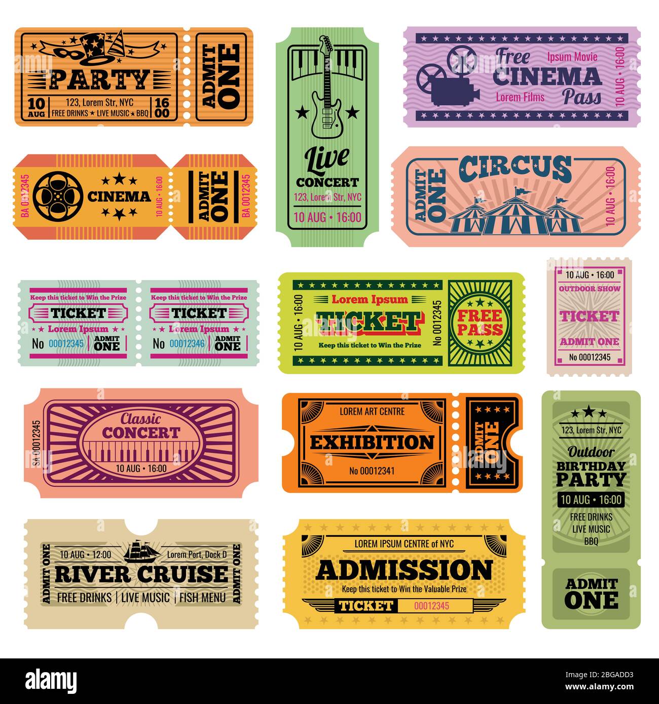 Retro party, cinema, movie and music event vector passing tickets set. Ticket to theater and music concert illustration Stock Vector