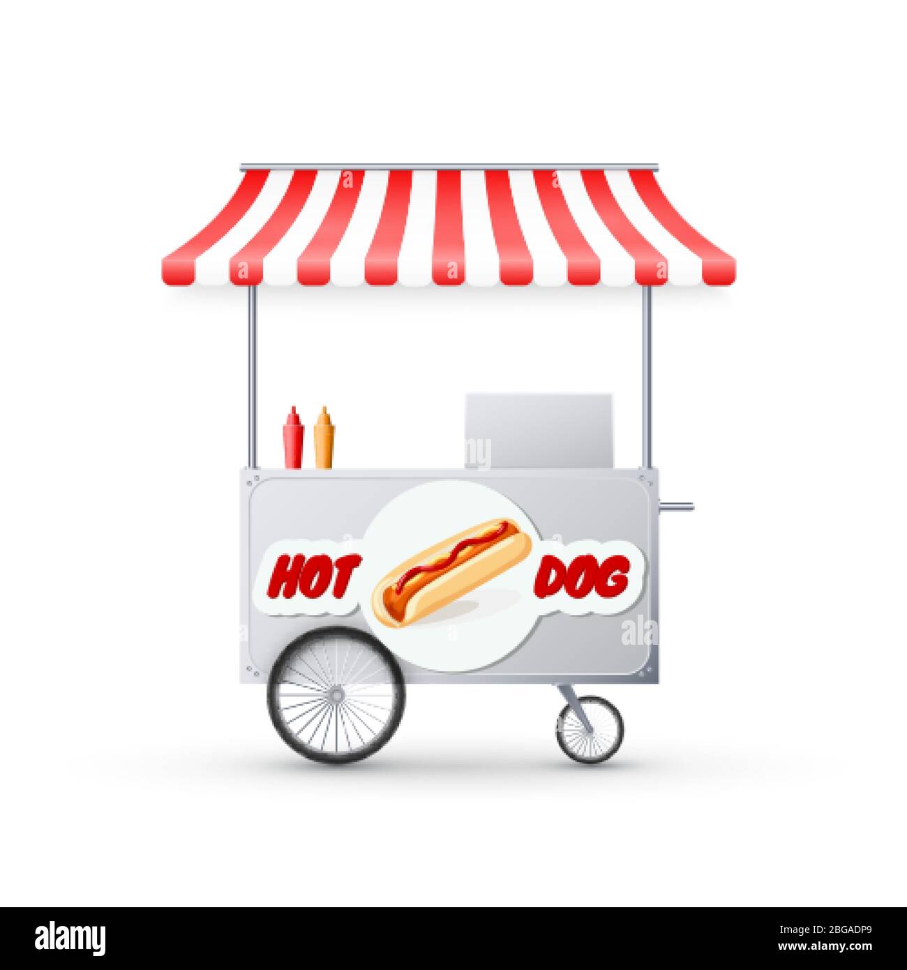 Hot Dog Cart with awning. Mobile street fast food market. Shop on wheels. Vector illustration Stock Vector