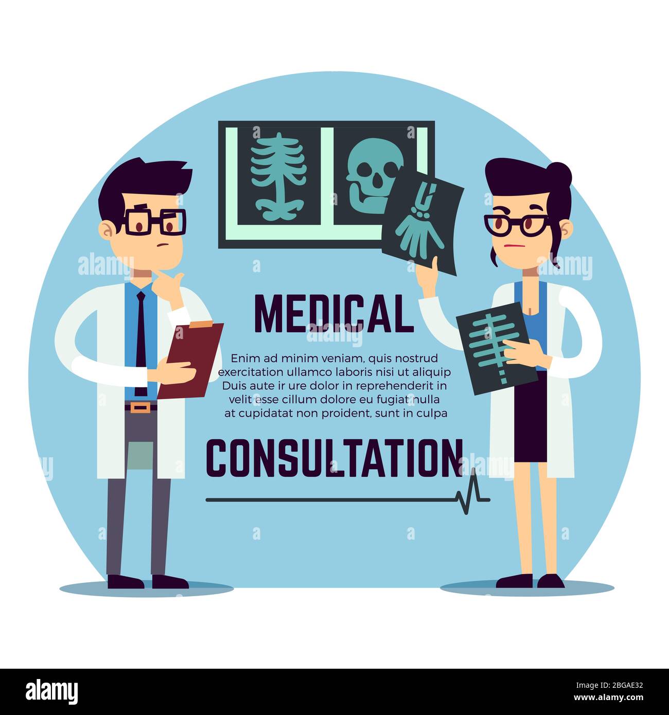 Male and female young doctors make diagnosis - medical consultation emblem design. Vector illustration Stock Vector
