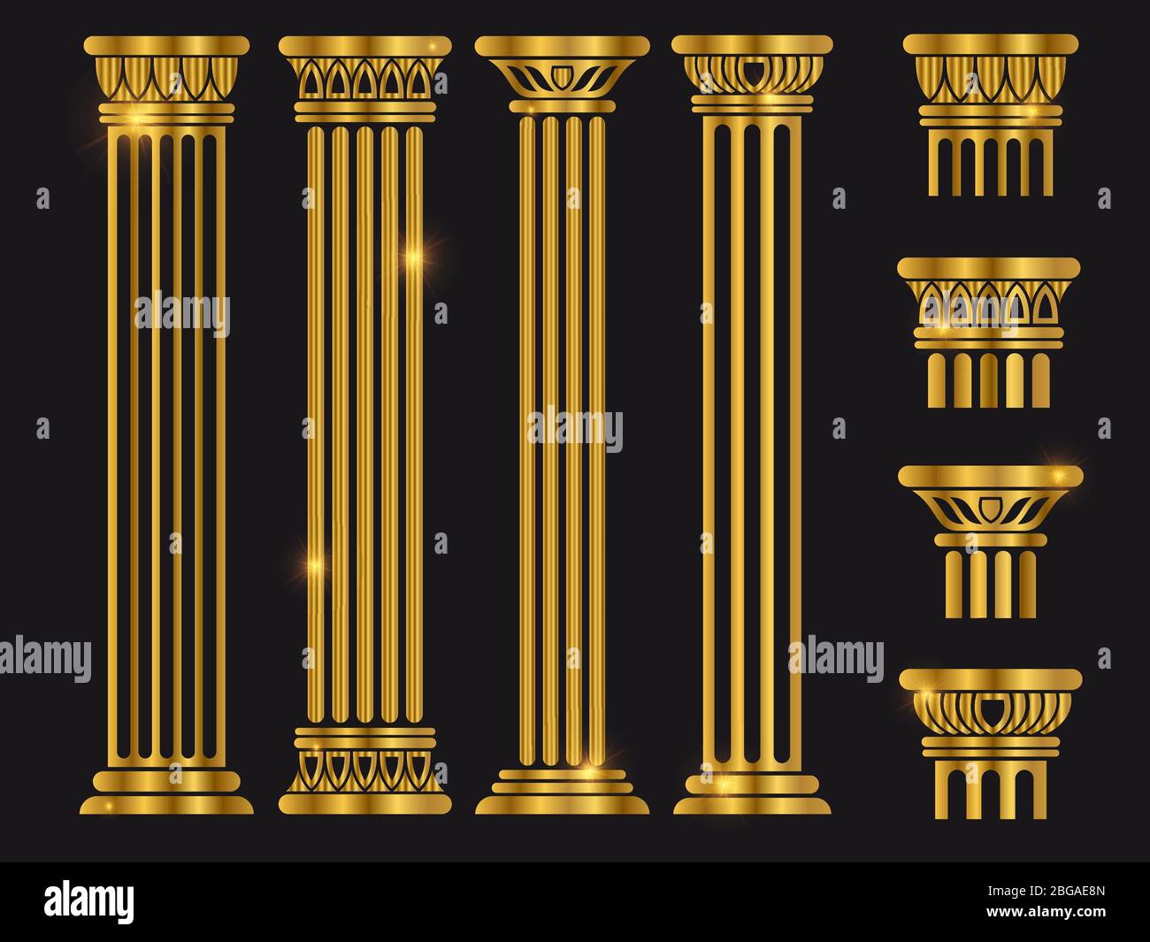 Golden shiny ancient rome architecture column set on black. Vector illustration Stock Vector