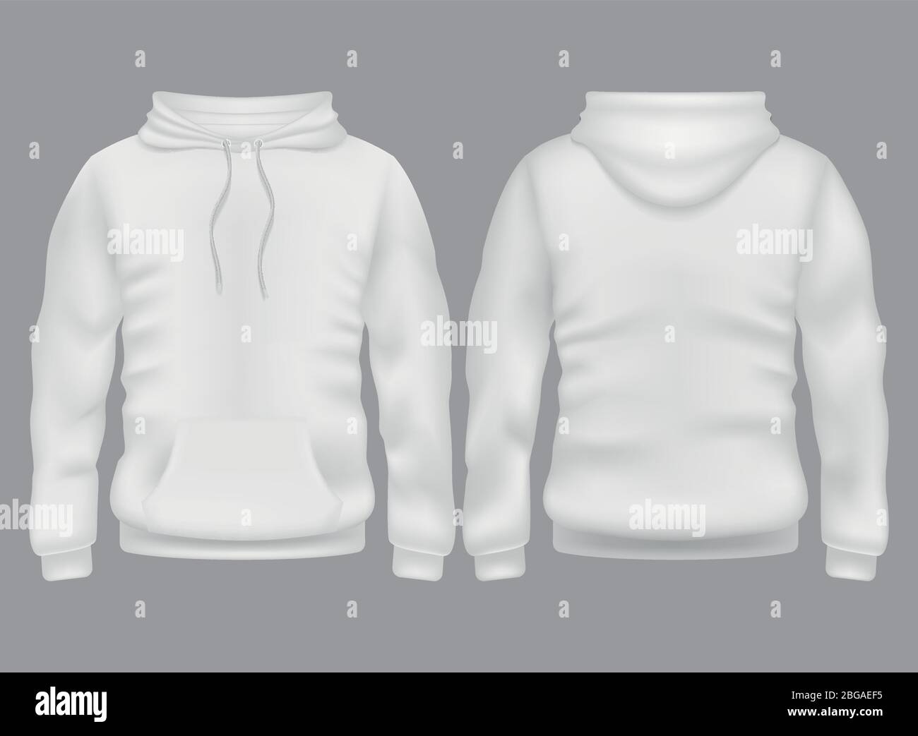 Men white blank hoodie in front and back view. Vector mockup isolated. Sweatshirt with hoodie back and front view, sweater hooded illustration Stock Vector