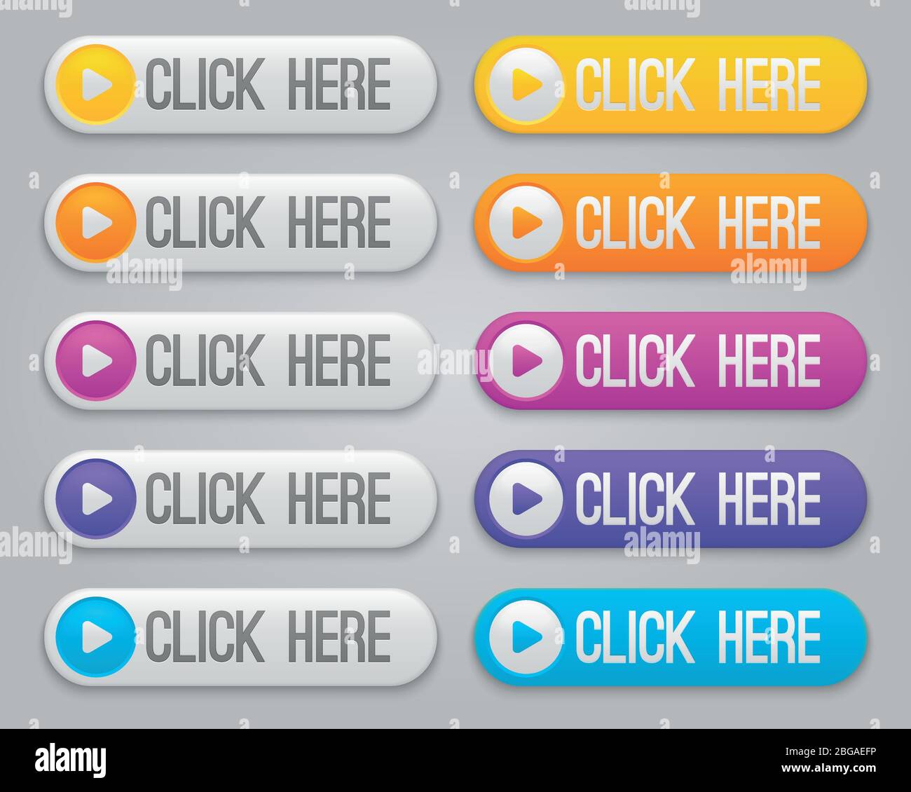 Click here vector buttons collection. Internet clicking button icons. Web button for website, click here color tag illustration Stock Vector