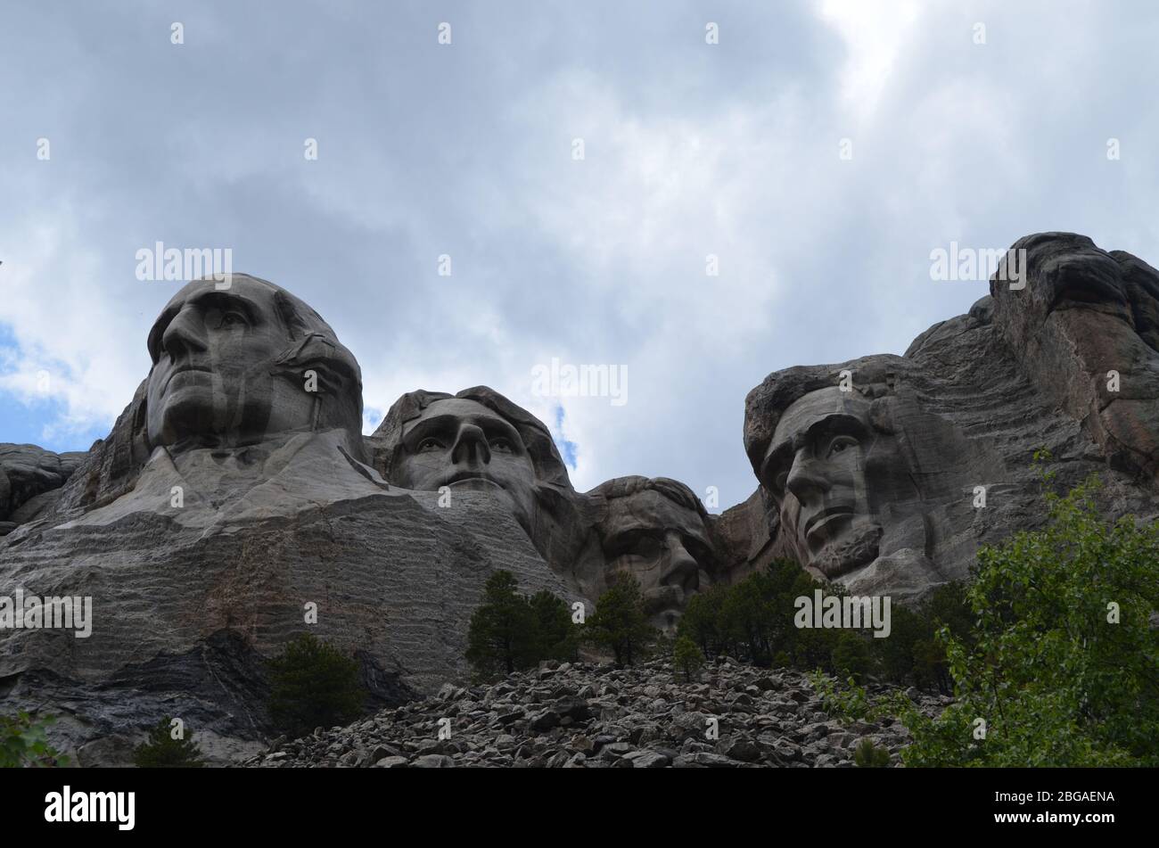 Late Spring in the South Dakota Black Hills: Mount Rushmore National Memorial Seen Overhead From the Presidential Trail Near Talus Terrace Stock Photo