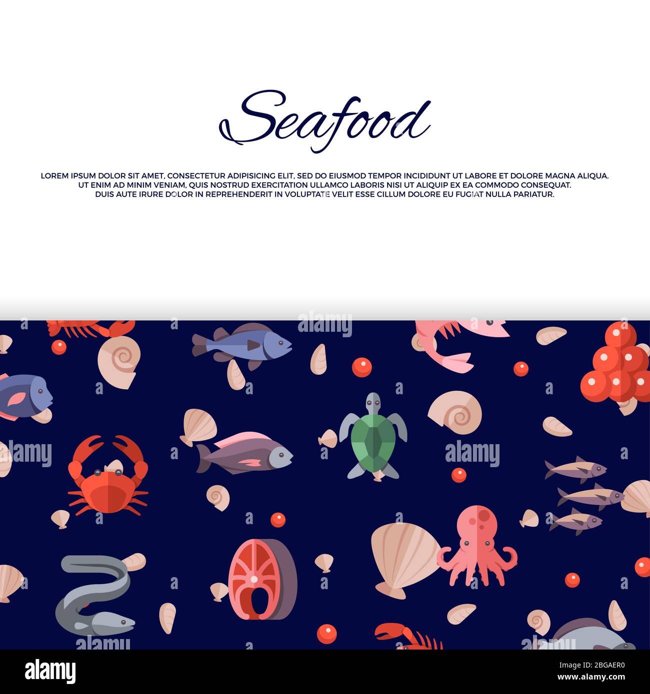 Seafood banner design with bright caviar, fishes, crabs, salmon. Vector illustration Stock Vector