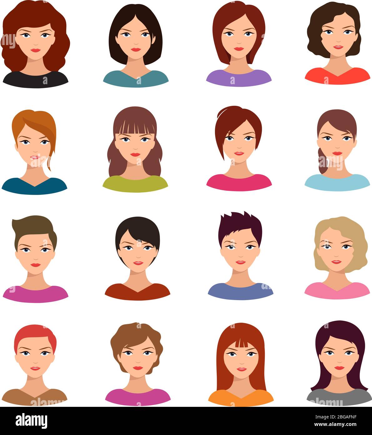 Female portraits. Young woman heads with various hairstyle vector avatars stock. Face woman portrait head illustration Stock Vector