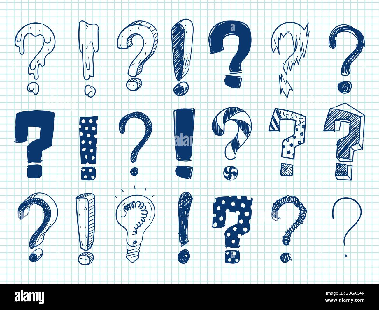 Hand drawn sketch exclamation and question marks on notebook page ...