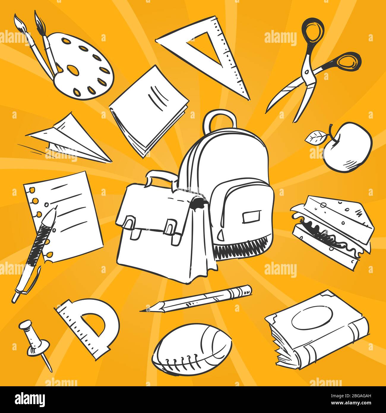 Necessary students things - hand drawn stationery, school bags, food on colorful backdrop. School drawing stationery tools for education. Vector illustration Stock Vector