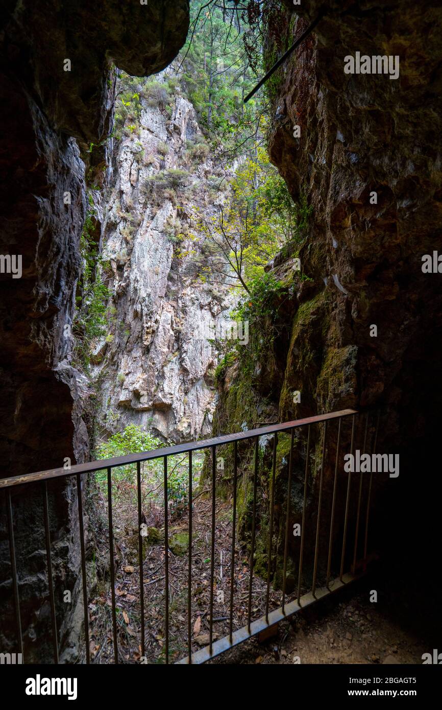 views of gorge from tunnels along the Karangahake Windows Walk, Waikino, North Island New Zealand Stock Photo