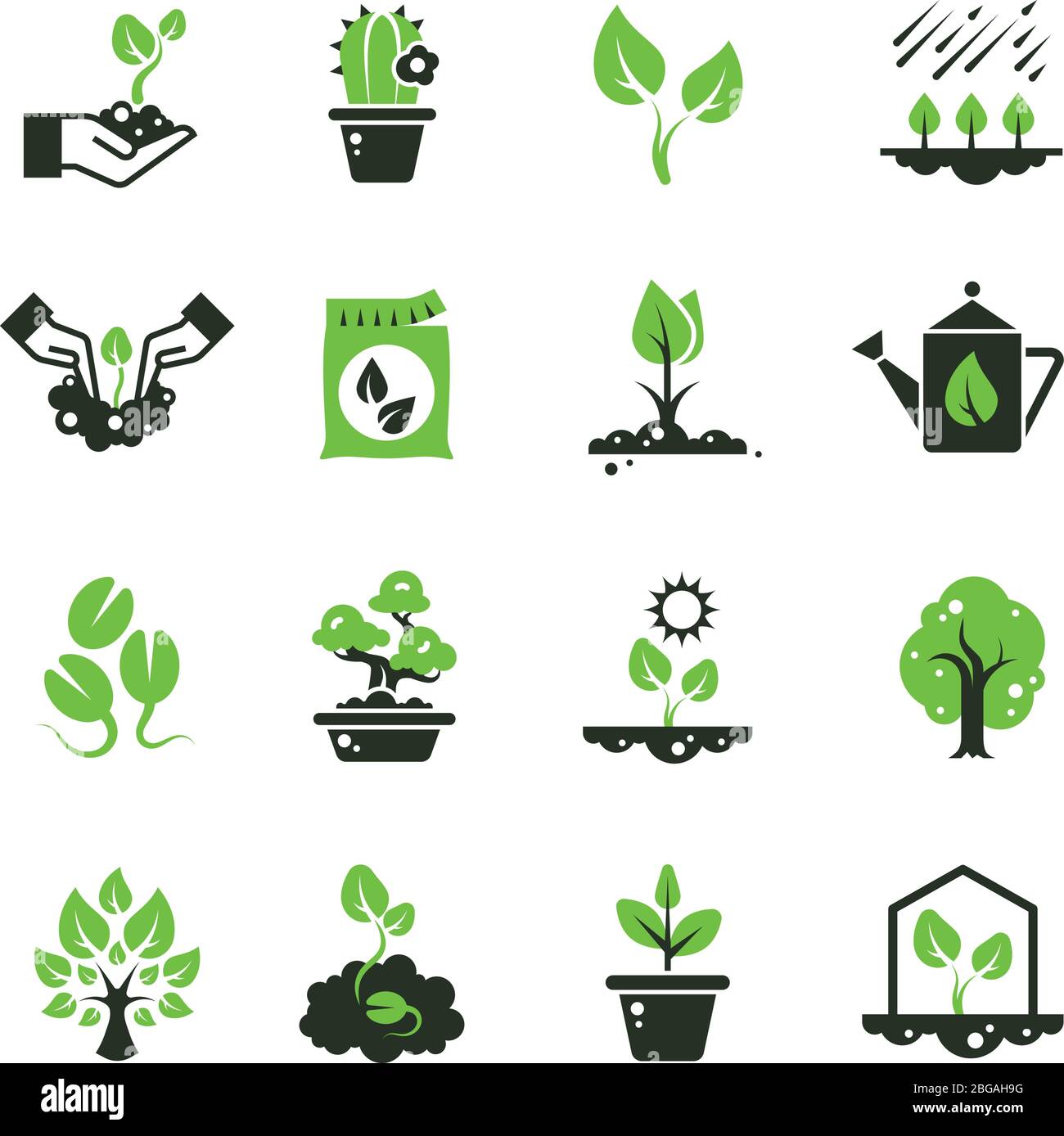 Tree sprout and plants vector icons. Seedling and hand planting pictograms. Seedling and growth tree, gardening and growing illustration Stock Vector