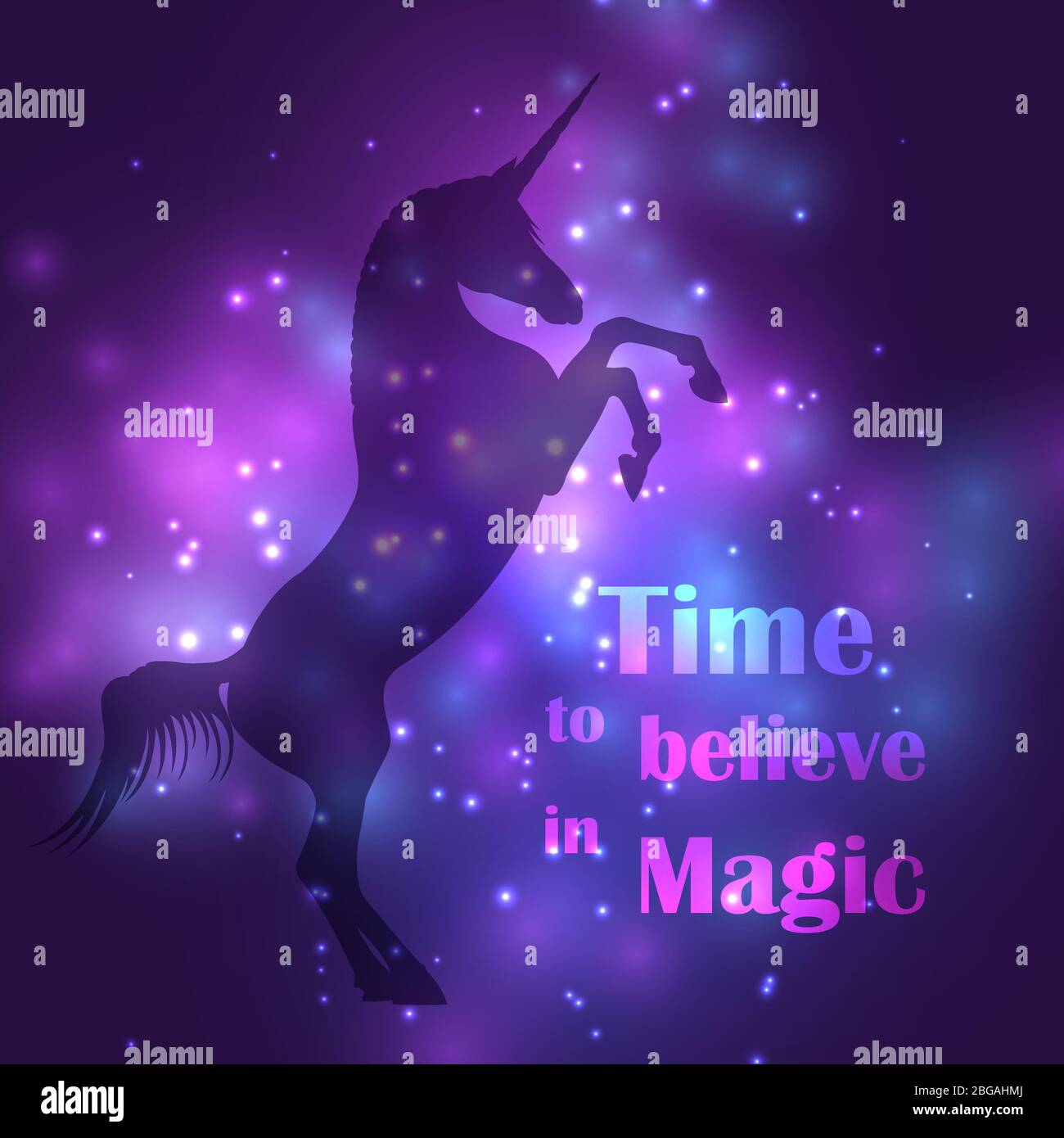 Colorful unicorn silhouette with magic lights poster banner. Vector illustration Stock Vector