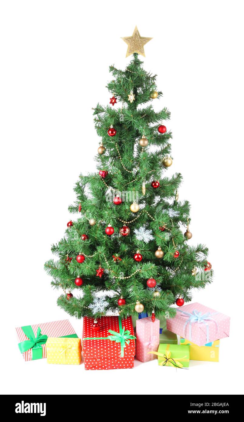 Decorated Christmas tree with gifts isolated on white Stock Photo - Alamy