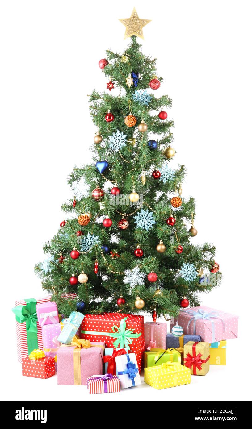 Decorated Christmas tree with gifts isolated on white Stock Photo - Alamy