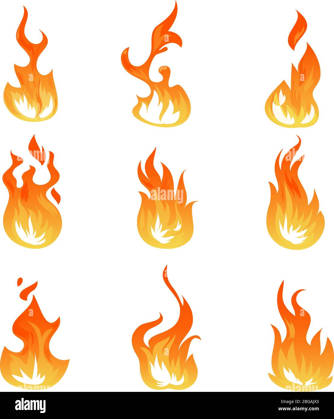 Cartoon fire flames vector set. Ignition light effect, flaming symbols. Hot flame energy, effect fire animation illustration Stock Vector