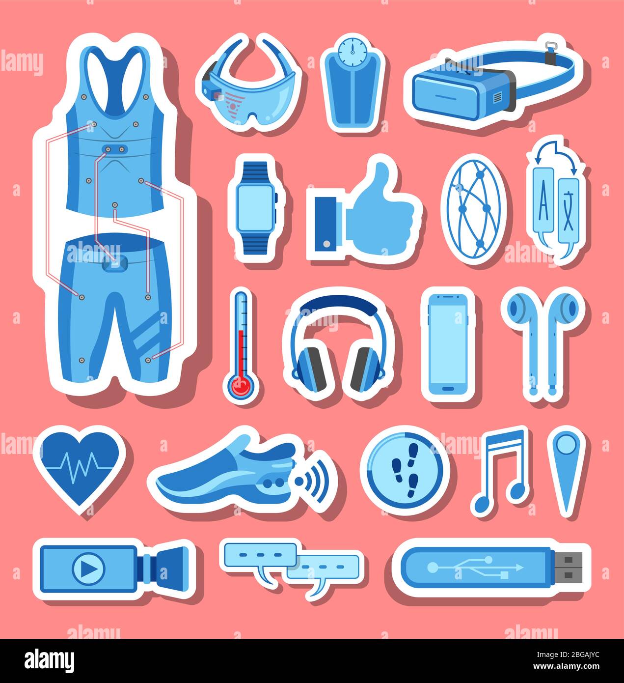 Wearable technology icons group set in blue tones. All the icon objects, shadows and background are in different layers. Stock Vector