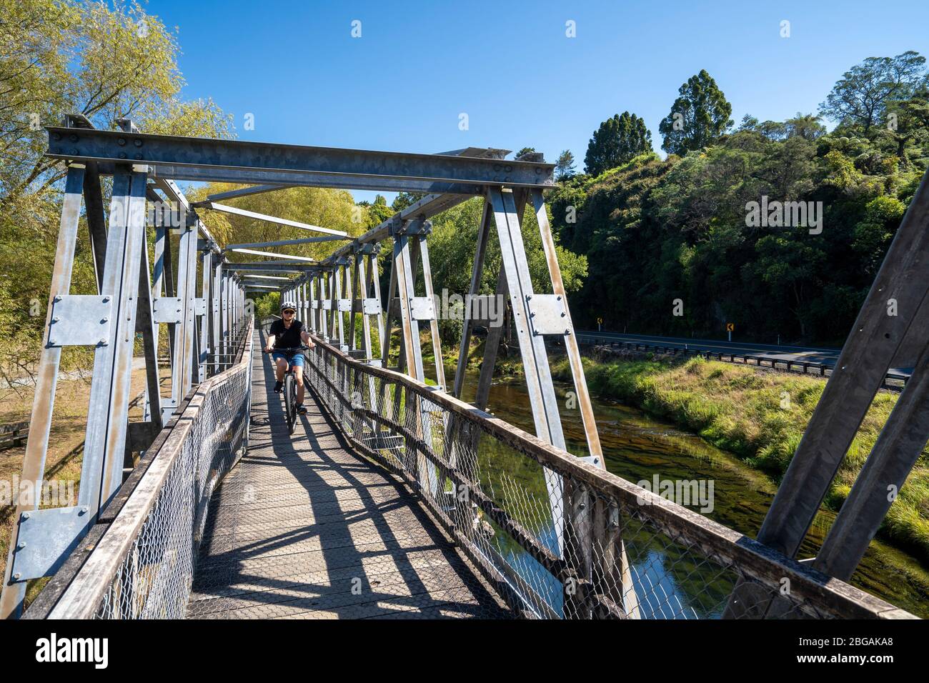 Bridge over Ohinemuri River on Hauraki Rail Trail, North Island, New Zealand Stock Photo