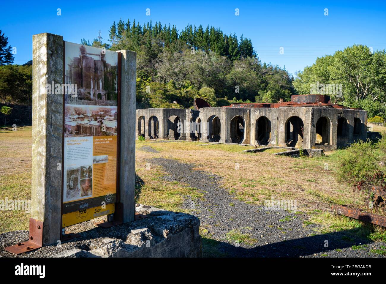 Remains of the Victoria Gold Battery alongside the Ohinemuri River at Waikino, North Island New Zealand Stock Photo