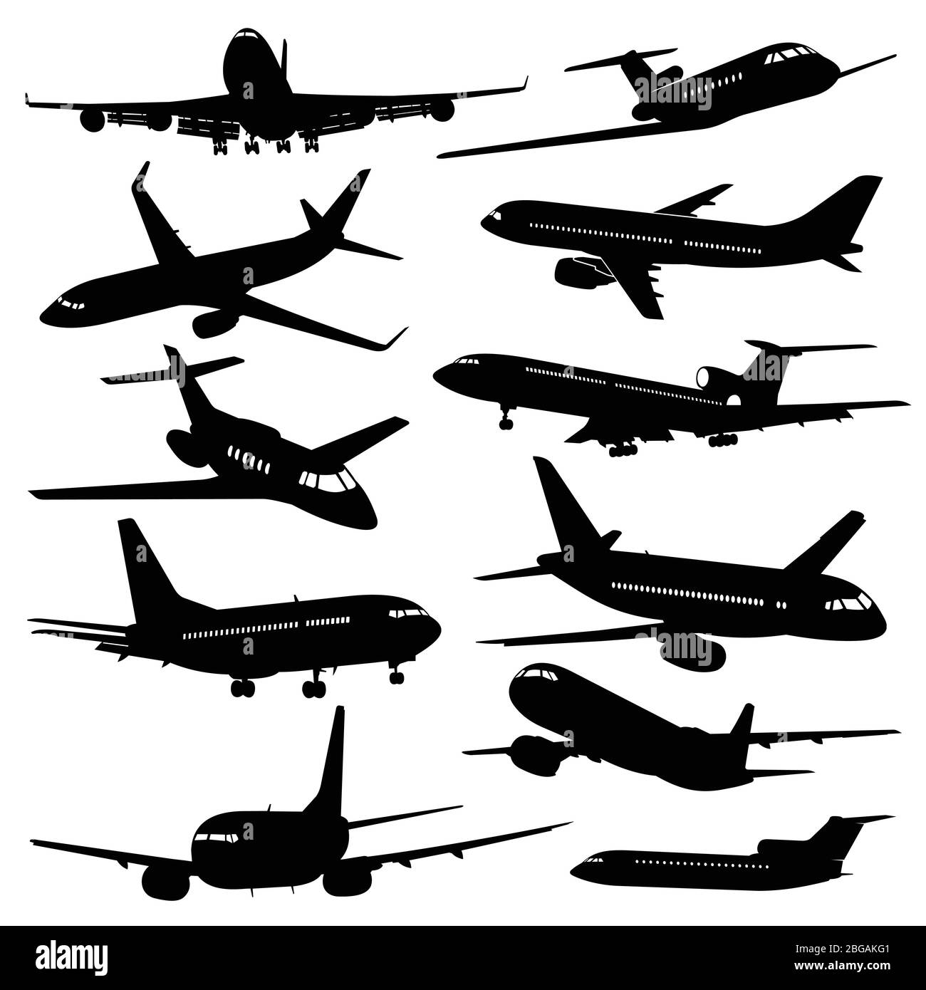 Flight aviation vector icons. Airplane black silhouettes in sky. Illustration of airplane flight, aviation and aircraft Stock Vector