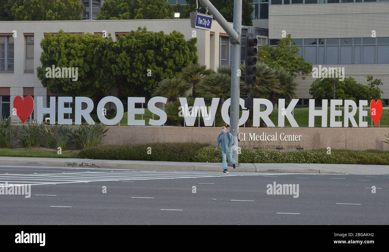 Los Angeles, United States. 21st Apr, 2020. A registered nurse at UC Irvine Medical Center walks to his car after his shift change in Irvine, California on Monday, April 20, 2020. Photo by Jim Ruymen/UPI Credit: UPI/Alamy Live News Stock Photo