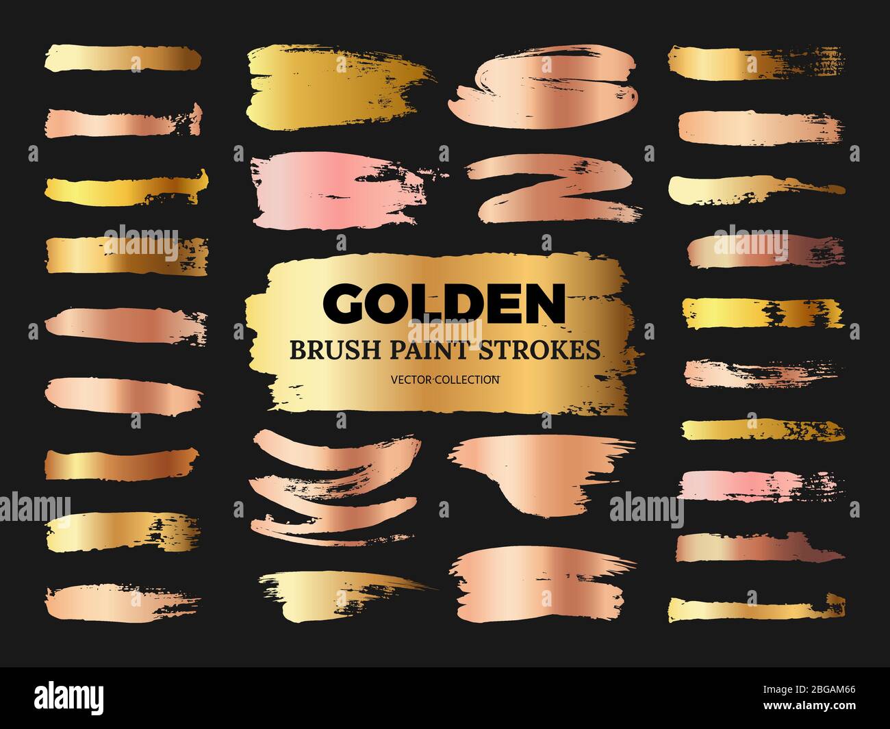 Hand drawn grunge rose and golden brush paint strokes vector collection isolated on black. Illustration of stain stroke paint smudge Stock Vector