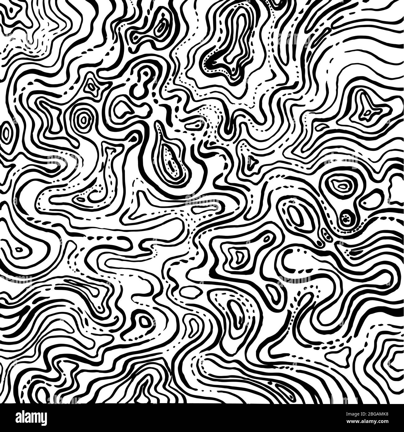 Abstract black and white background. A lot of chaotic curved lines create a pattern on the surface, chaotic and abstract, hand-drawn graphics. Stock Vector