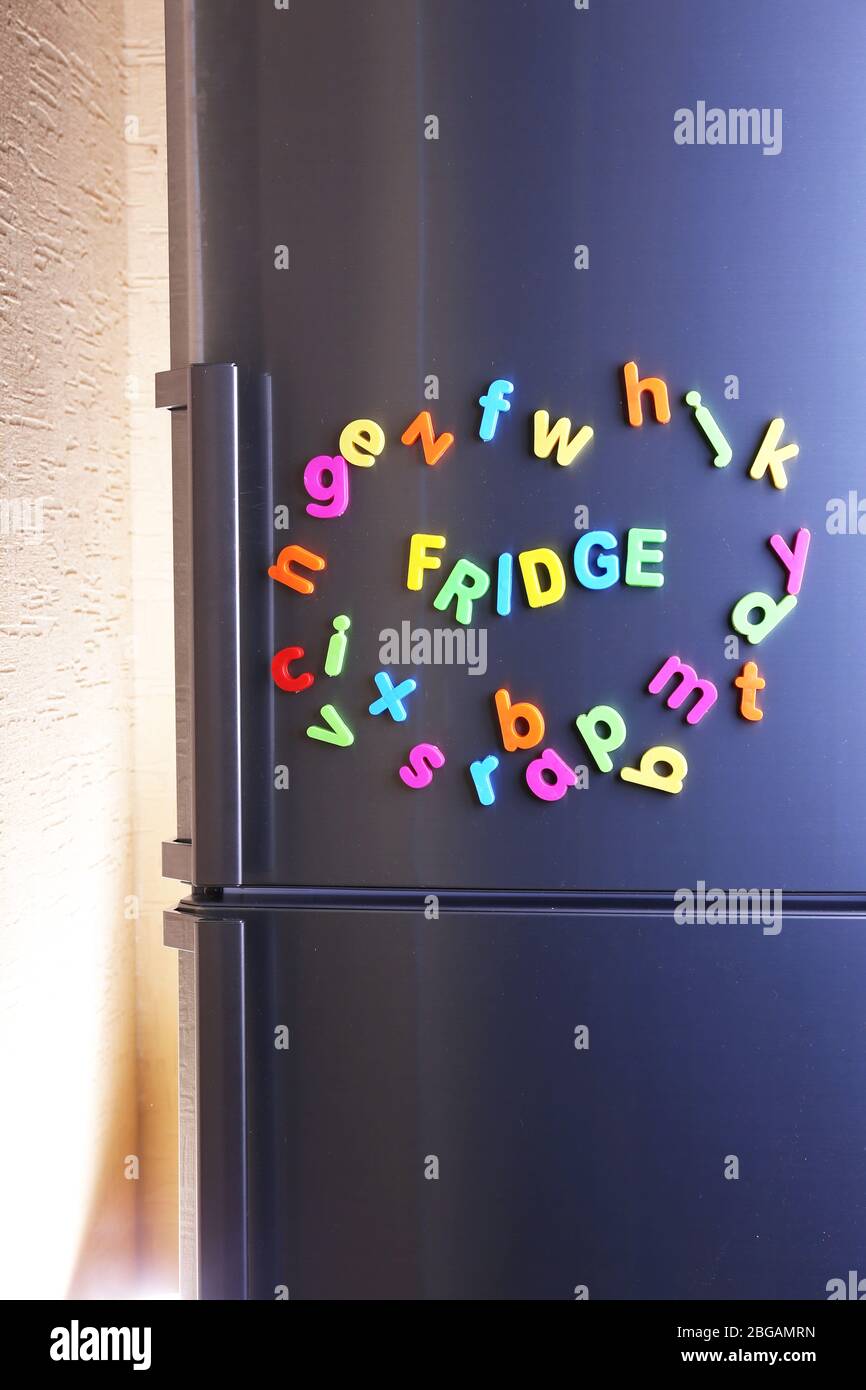 Word Fridge spelled out using colorful letters on refrigerator
