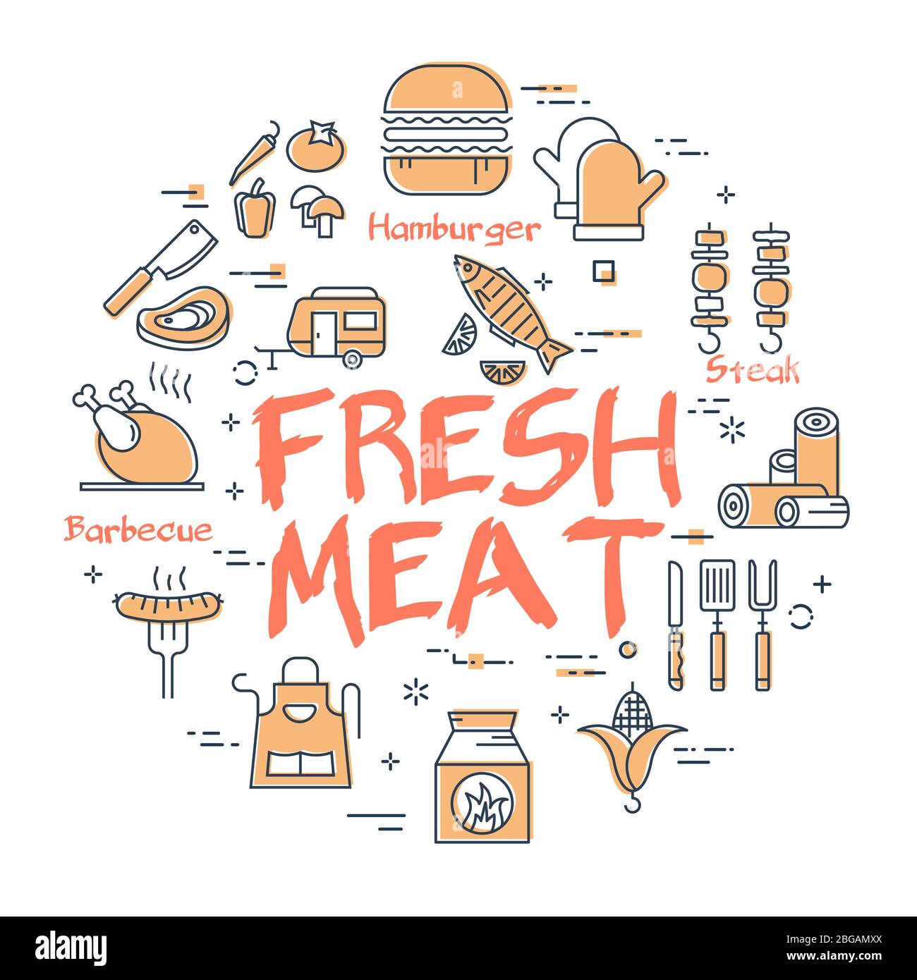 Vector line banner for picnic and barbecue party - fresh meat Stock Vector
