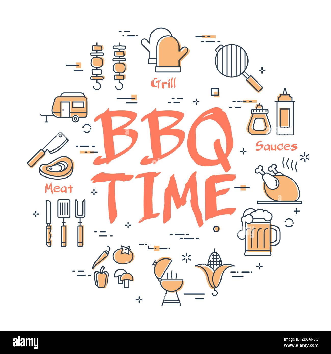Vector line banner for picnic and barbecue party - BBQ TIME Stock Vector