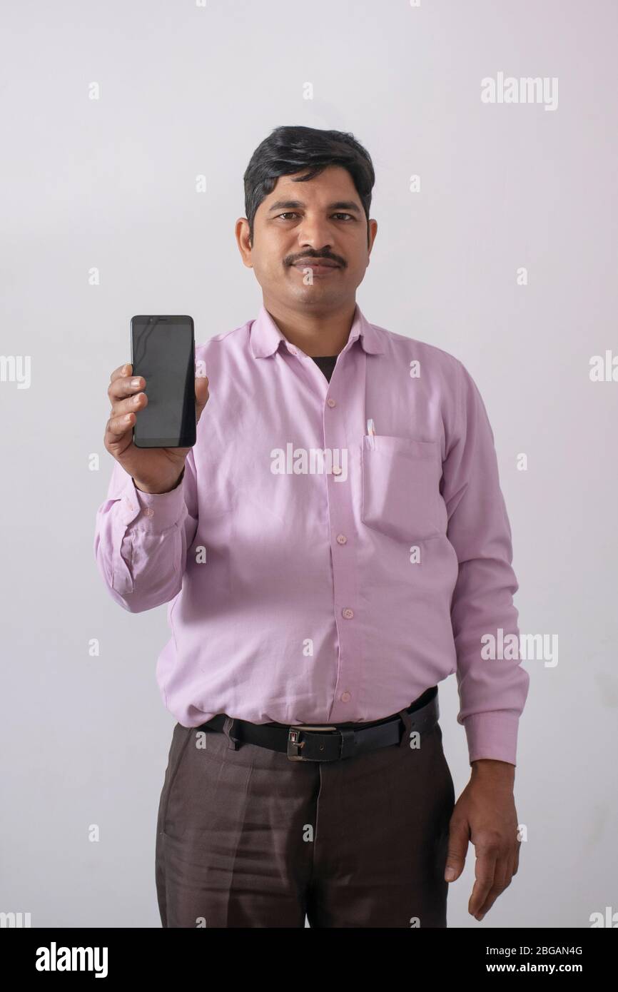 man showing mobile phone Stock Photo Alamy