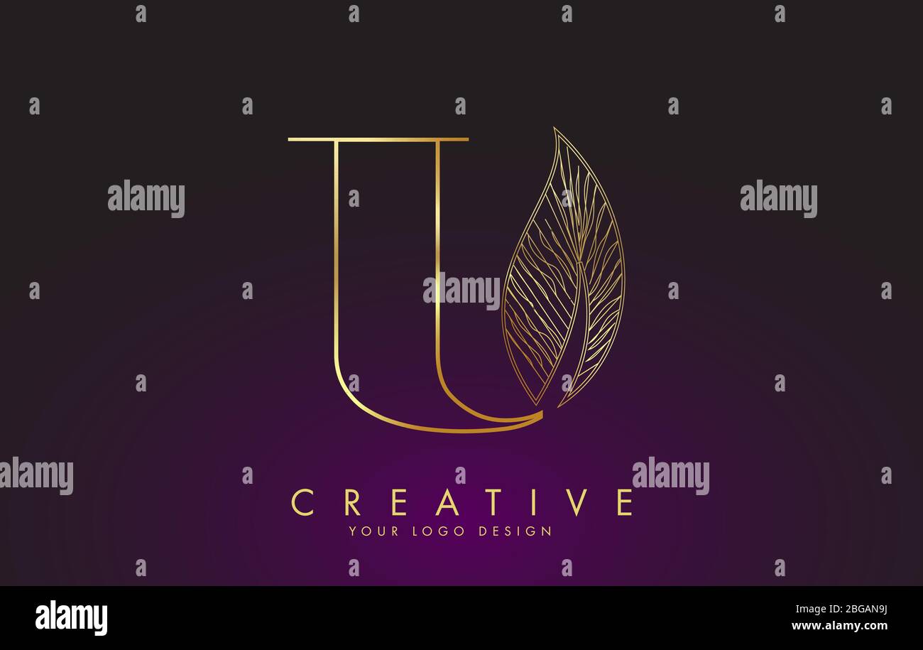 Outline Golden Letter U Logo icon with Wired Leaf Concept Design ...