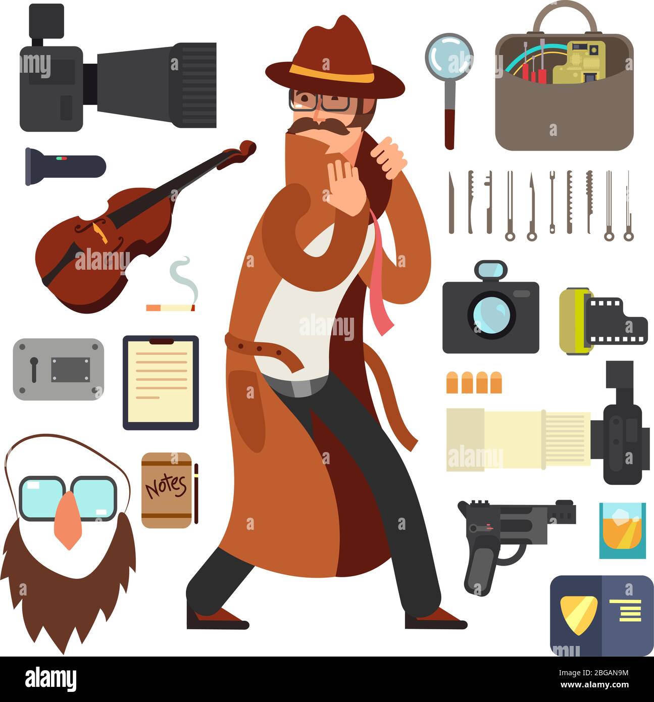 Cartoon surveillance detectives with equipment vector set for investigation concept. Character detective surveillance and investigation illustration Stock Vector