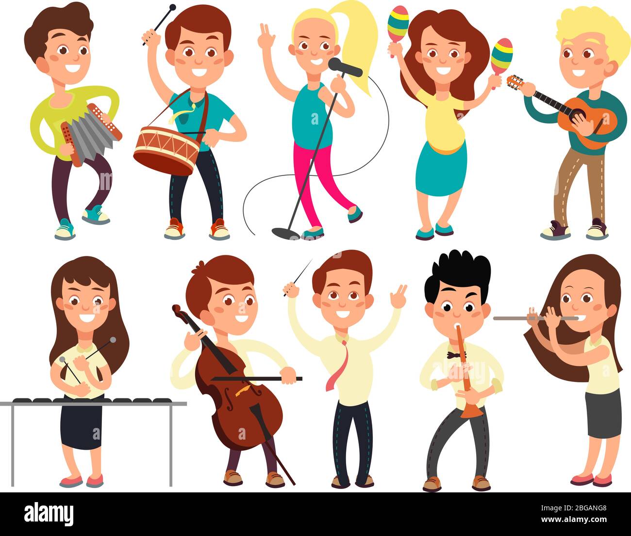 Schoolkids playing music on stage. Children musicians performing music show. Musical guitar and musician, playing and performance concert. Vector illustration Stock Vector