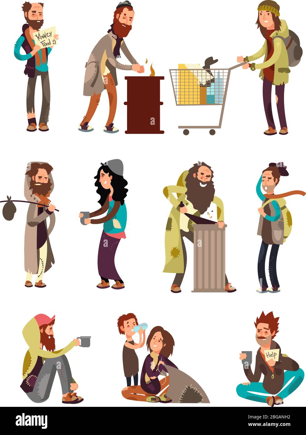 Poor unhappy homeless cartoon people needing financial help. Vector characters set. Illustration of beggar cartoon, character poverty and dirty in depressio Stock Vector