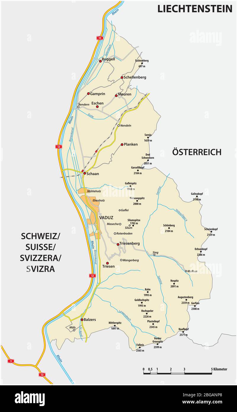 vector road map Principality of Liechtenstein in German language Stock Vector