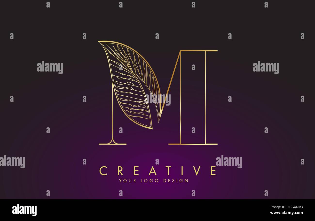 Outline Golden Letter M Logo icon with Wired Leaf Concept Design ...