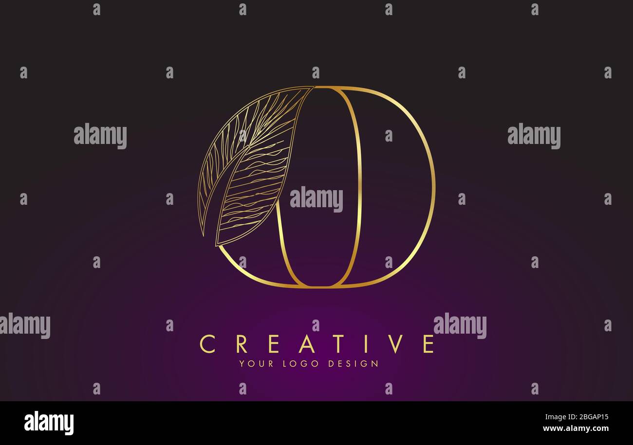 Outline Golden Letter O Logo icon with Wired Leaf Concept Design ...
