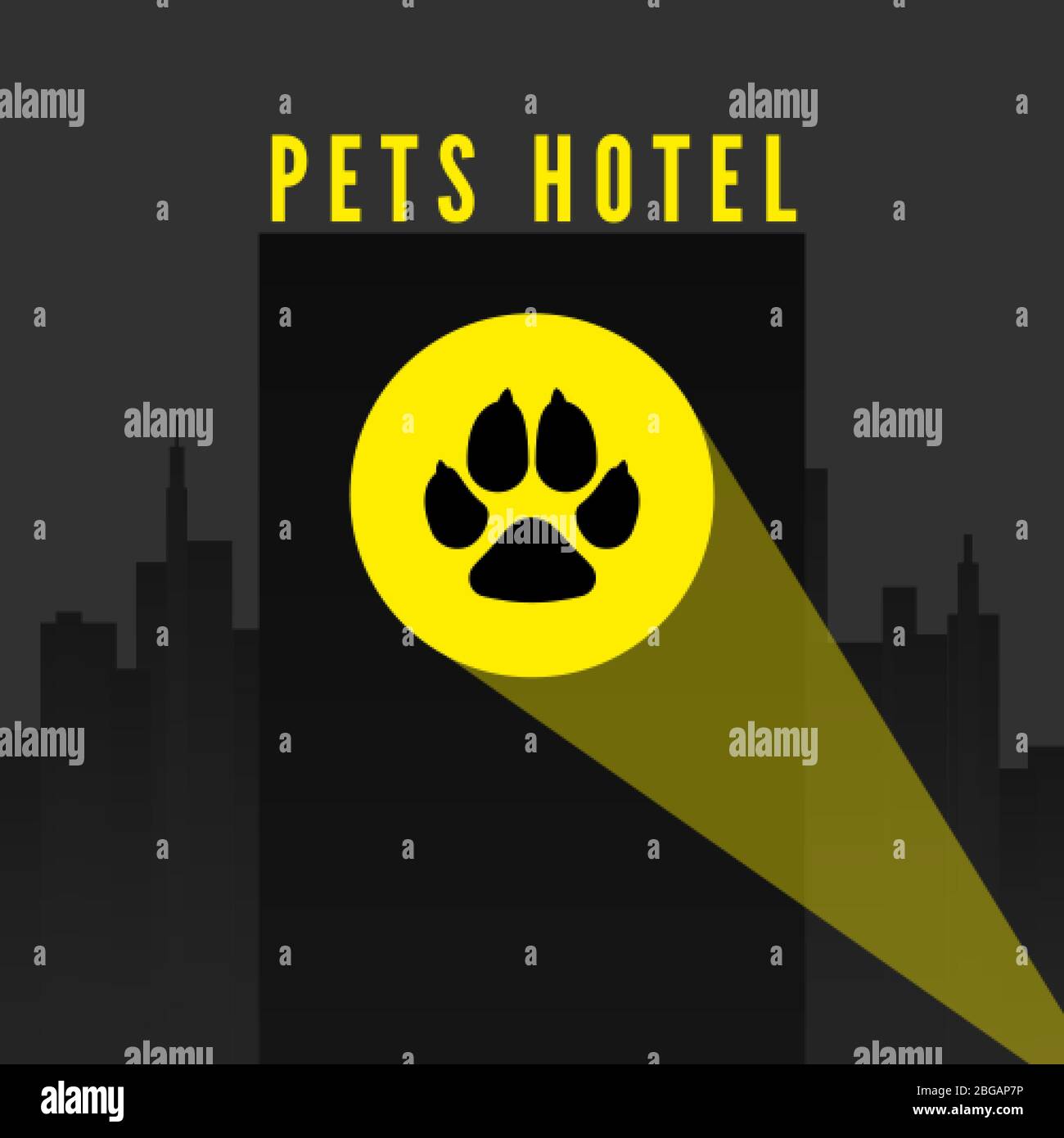 Pets hotel. Trail of dogs paw in spotlight on city background. Logo for pet hotel. vector Stock Vector