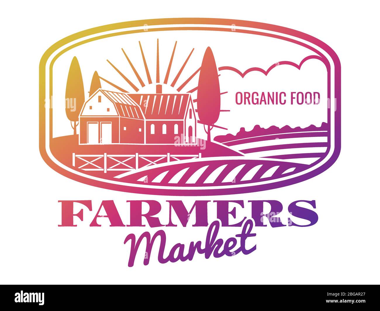 Bright farmer market label or emblem on white background. Vector illustration Stock Vector