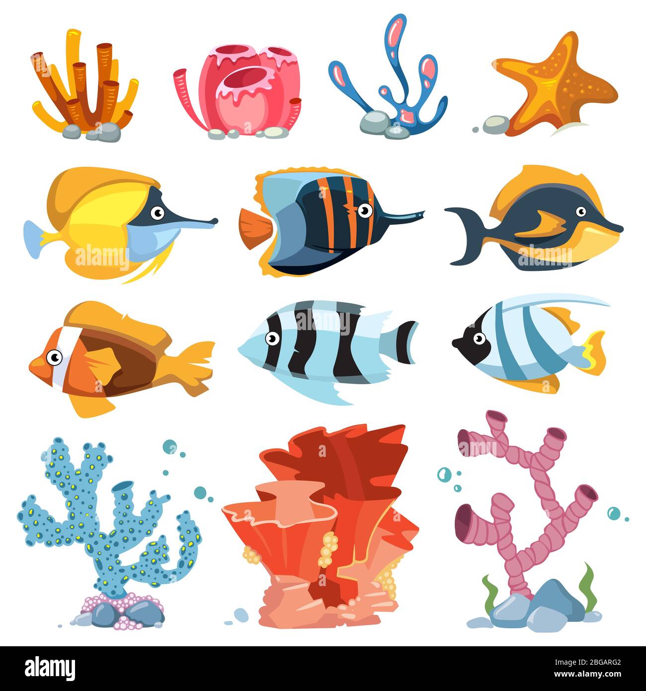 Vector cartoon aquarium decor objects - underwater plants, bright fish. Color coral and fish underwater illustration Stock Vector