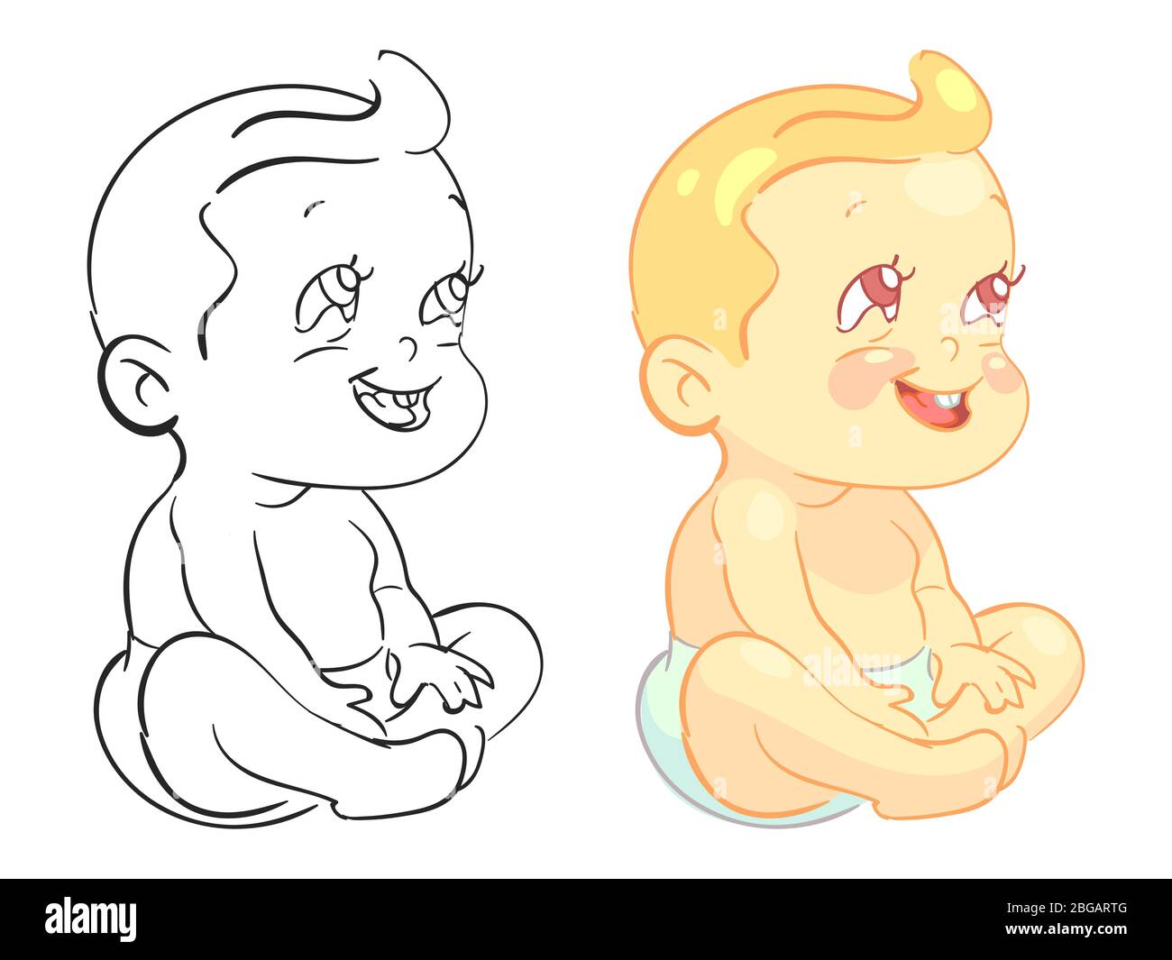 Cartoon baby coloring page with colorfull sample isolated. Vector illustration Stock Vector